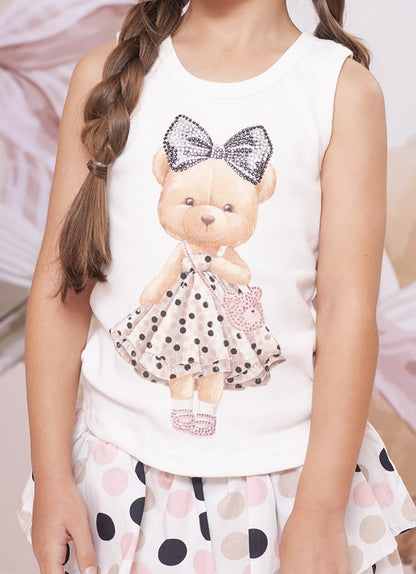Conjunto Infantil Regata Ursinha Vestido de Poá e Short Com Babados Algodão Estampa Poá Colorido - Pituchinhus