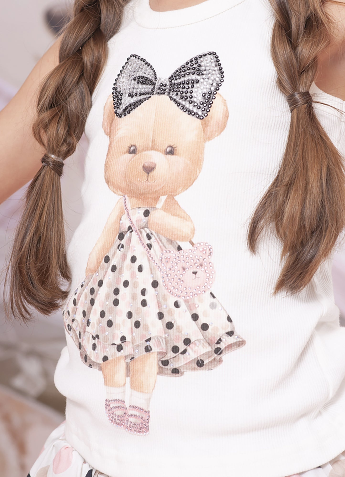 Conjunto Infantil Regata Ursinha Vestido de Poá e Short Com Babados Algodão Estampa Poá Colorido - Pituchinhus