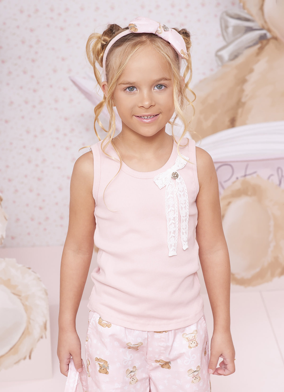Conjunto Infantil Regata Com Laço de Renda e Calça Pantacourt Algodão Estampa Ursinhos - Pituchinhus