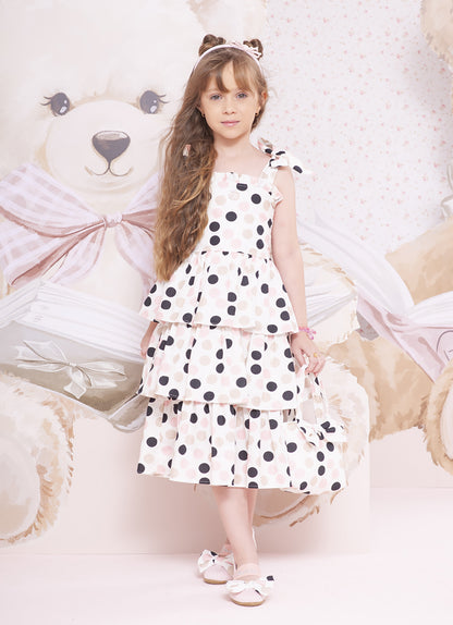 Vestido Infantil Algodão Com Babados e Poá Colorido