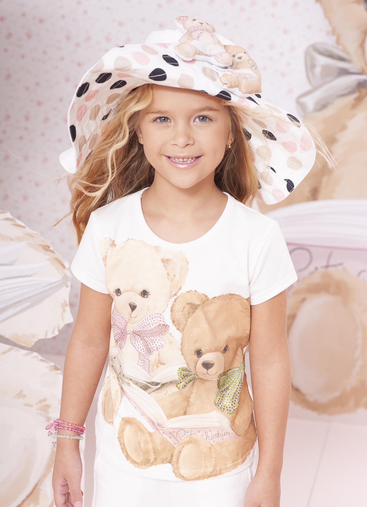 Conjunto Infantil Blusa Cotton Ursinhas Laços de Cristais e Calça Moletom Reta Ursinhas Com Laços Cristais - Pituchinhus