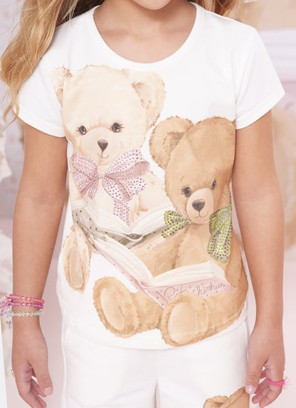 Conjunto Infantil Blusa Cotton Ursinhas Laços de Cristais e Calça Moletom Reta Ursinhas Com Laços Cristais - Pituchinhus