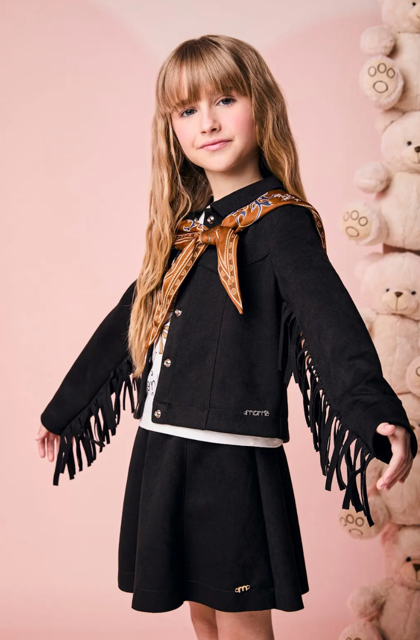 Conjunto Infantil Blusa Rodeio com Jaqueta Franjas e Saia Suede Preta - Momi
