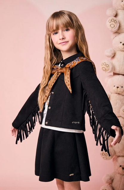 Conjunto Infantil Blusa Rodeio com Jaqueta Franjas e Saia Suede Preta - Momi