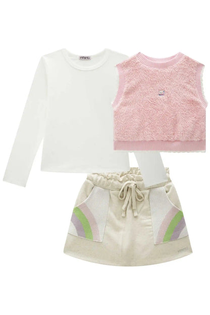 Conjunto Trio Blusa ML Off White, Colete Rosa e Saia Bege - Infanti