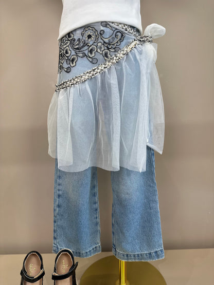 Conjunto Infantil Blusa Golinha Gravata Strass Pérola e Calça Jeans Lenço Bordado - Animê