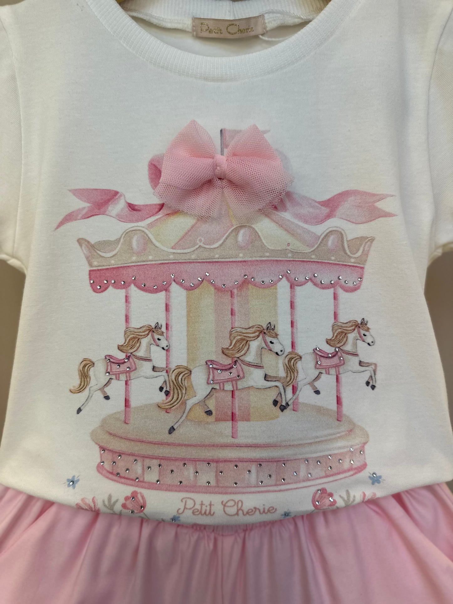 Conjunto Infantil Blusa Carrossel Shorts Babado Rosa - Petit Cherie