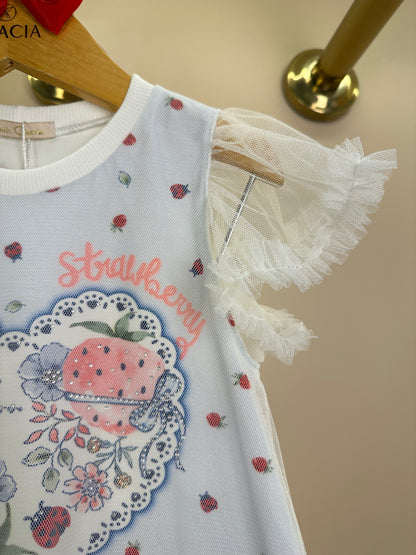 Vestido Infantil Malha Cotton Com Tule Strawberry - Petit Cherie