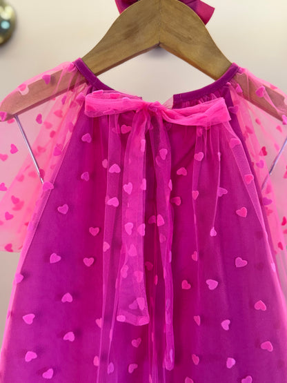 Vestido Infantil Trapézio Tule Corações Pink - Mon Sucré