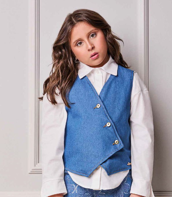 Colete Infantil Jeans Bordado Tule Flores - Animê