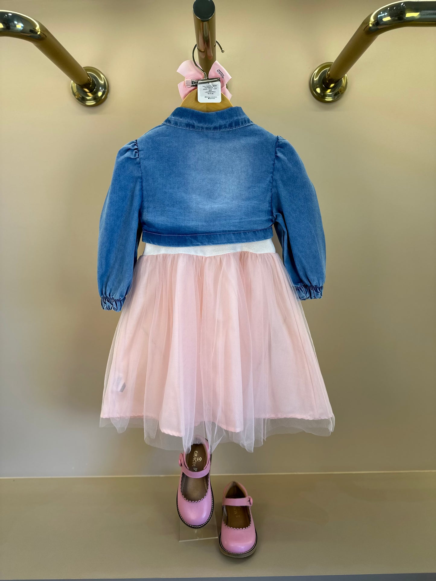 Vestido Infantil Tule Rosa Com Jaquetinha Jeans Laços - Gabriela Aquarela