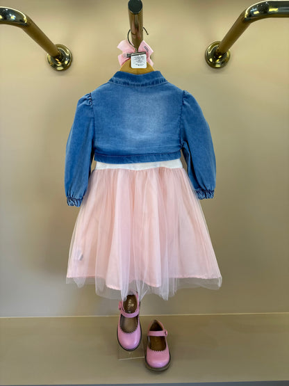 Vestido Infantil Tule Rosa Com Jaquetinha Jeans Laços - Gabriela Aquarela