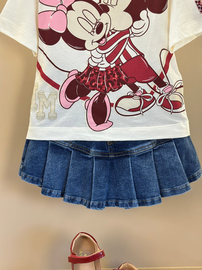 Conjunto Infantil Blusa Minnie & Mickey Berry Pérola e Saia-shorts Jeans Pregas - Animê