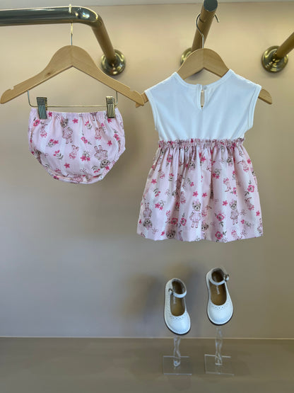 Vestido Bebê Algodão Listrado e Saia com Calcinha Flores & Ursinhas - Pituchinhus