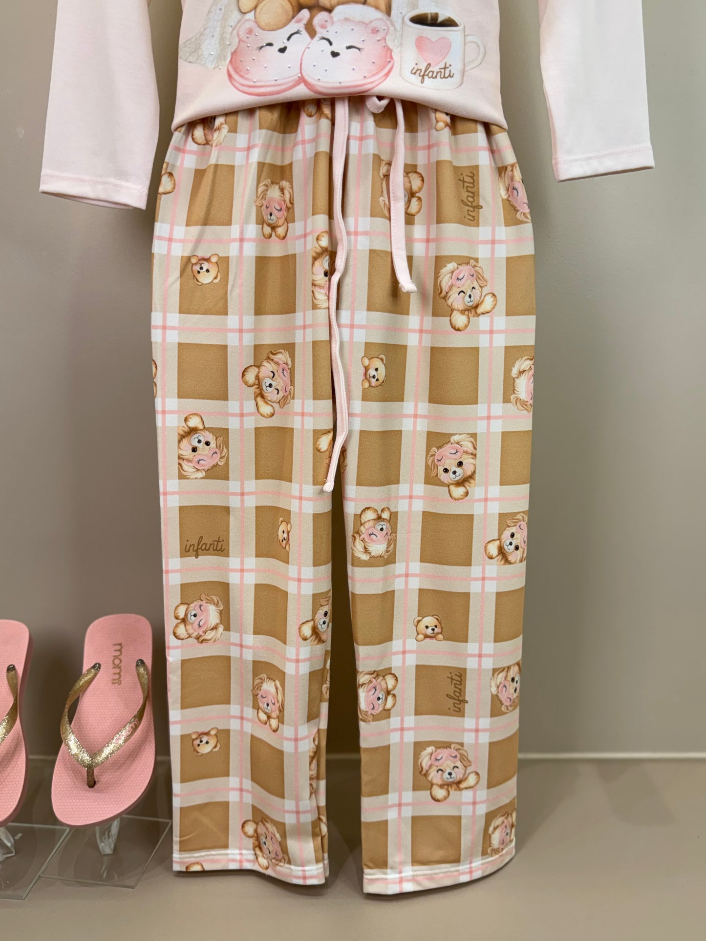 Pijama Infantil Blusa ML Ursinha de Máscara e Calça Estampada Rosa Claro - Infanti