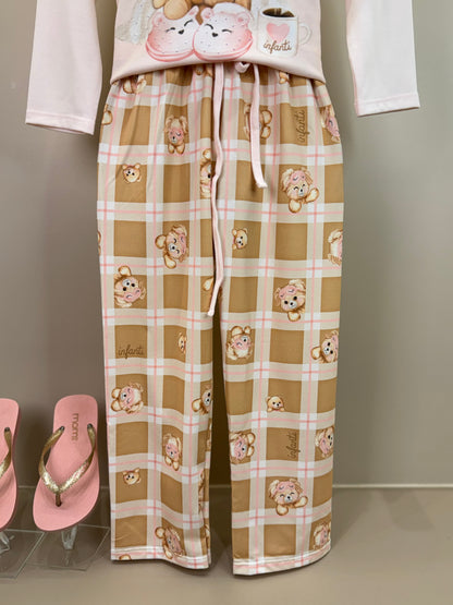 Pijama Infantil Blusa ML Ursinha de Máscara e Calça Estampada Rosa Claro - Infanti
