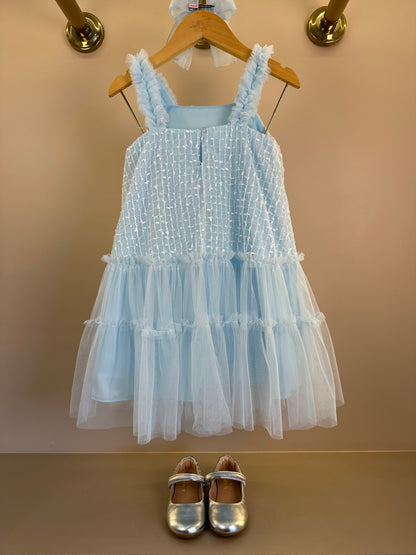 Vestido Infantil Texturizado Em Tule Azul - Petit Cherie