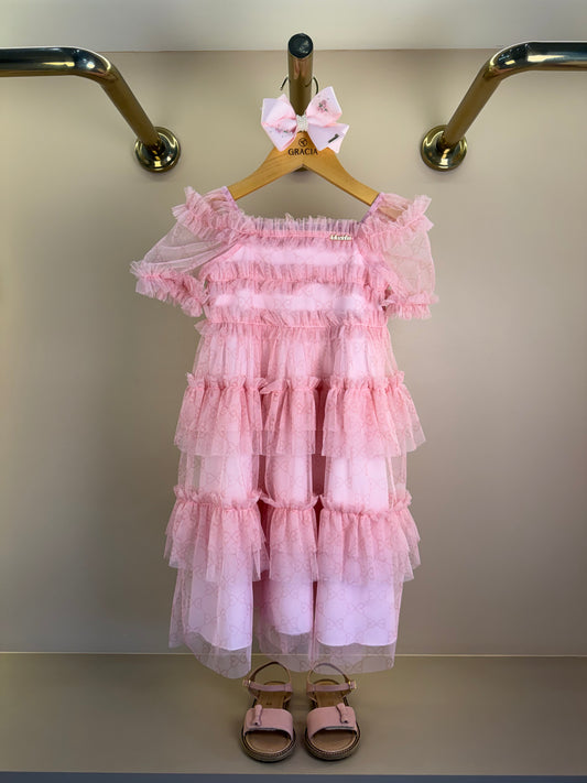 Vestido Infantil Midi Rosa com Babados em Tule - Luluzinha