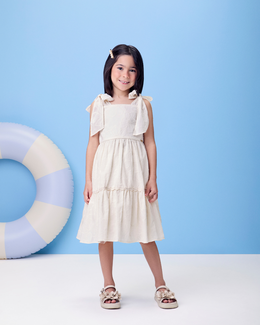 Vestido Infantil Algodão Bordado de Flores Off White - Momi