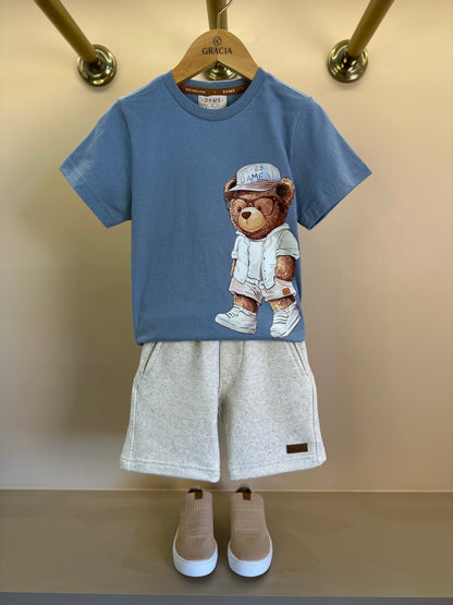 Conjunto Infantil Camiseta Teddy Sumer Delavê e Bermuda Moletom Algodão Linho - Dame