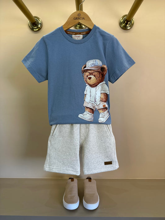 Conjunto Infantil Camiseta Teddy Sumer Delavê e Bermuda Moletom Algodão Linho - Dame