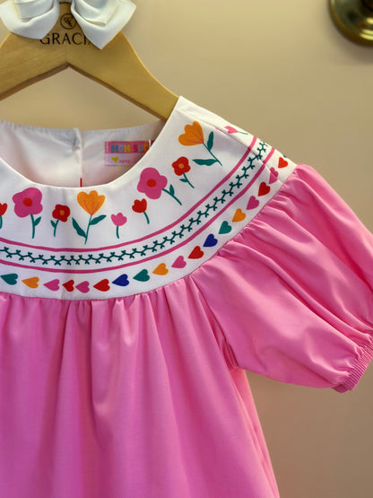 Vestido Infantil Algodão Rosas e Corações na Gola - Mon Sucre