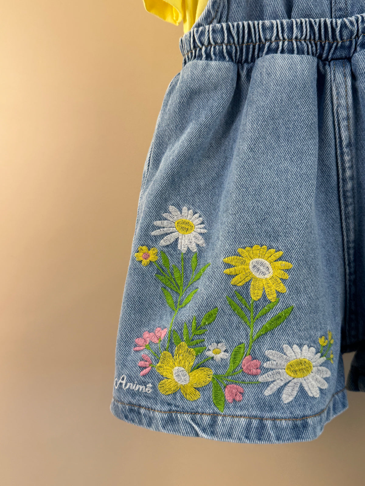 Conjunto Infantil Blusa Mangas Curtas Pingente Amarelo e Jardineira Jeans Bordado Floral - Animê
