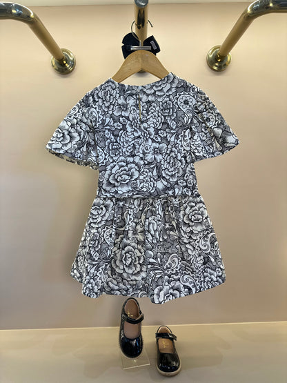 Conjunto Infantil Blusa e Saia Floral Paisley Laço Preto - Animê