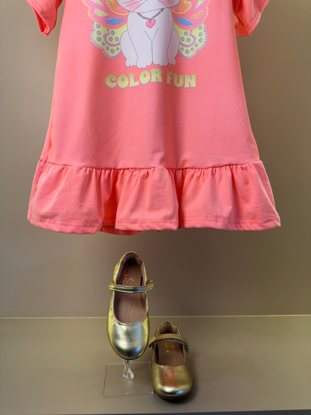 Vestido Infantil Rosa Neon Gatinha e Bolsinha Transversal Colorida - Infanti