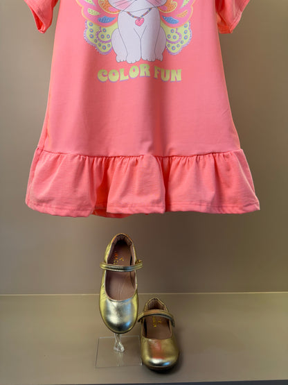 Vestido Infantil Rosa Neon Gatinha e Bolsinha Transversal Colorida - Infanti