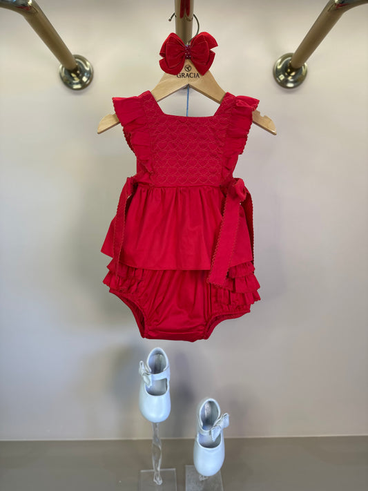 Conjunto Bebê Algodão Batinha Bordada Laços e Shortinho Vermelho - Petit Cherie