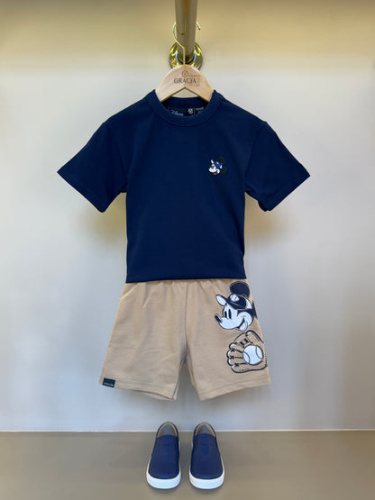 Conjunto Infantil Camiseta Marinho Mickey e Bermuda Bege - Youccie