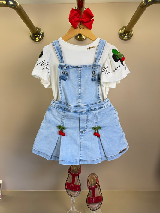 Conjunto Infantil Blusa Minnie Pérola Salopete Pregas Cereja Jeans - Animê