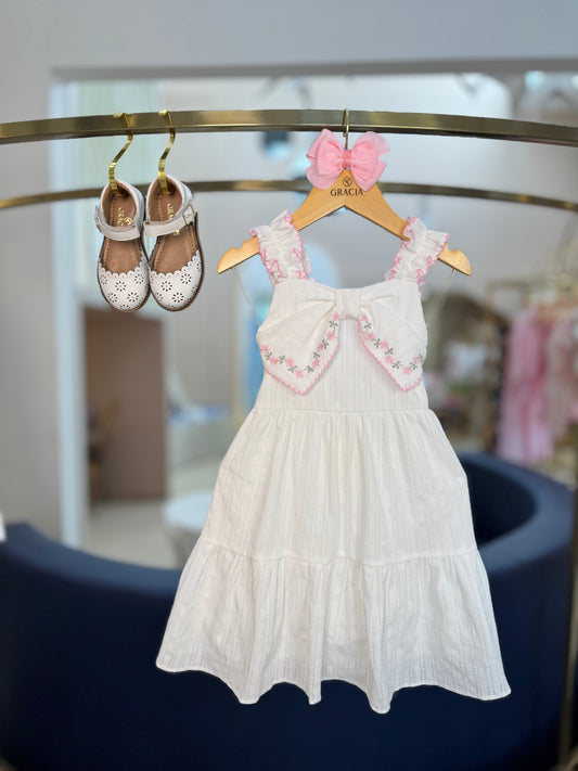 Vestido Infantil Algodão Laço e Bordados - Petit Cherie