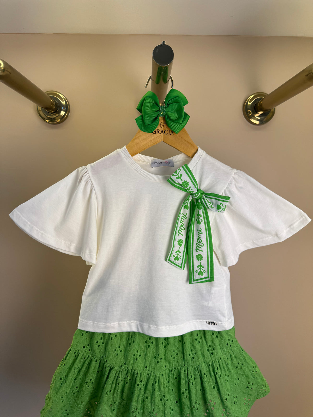 Conjunto Infantil Blusa Laço Estampado e Saia Bordado Verde - Momi