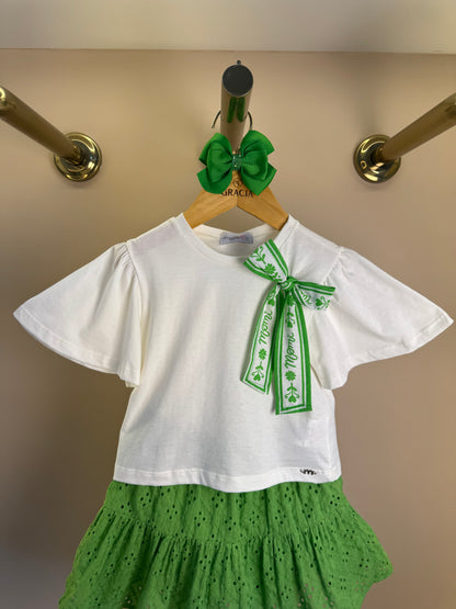 Conjunto Infantil Blusa Laço Estampado e Saia Bordado Verde - Momi