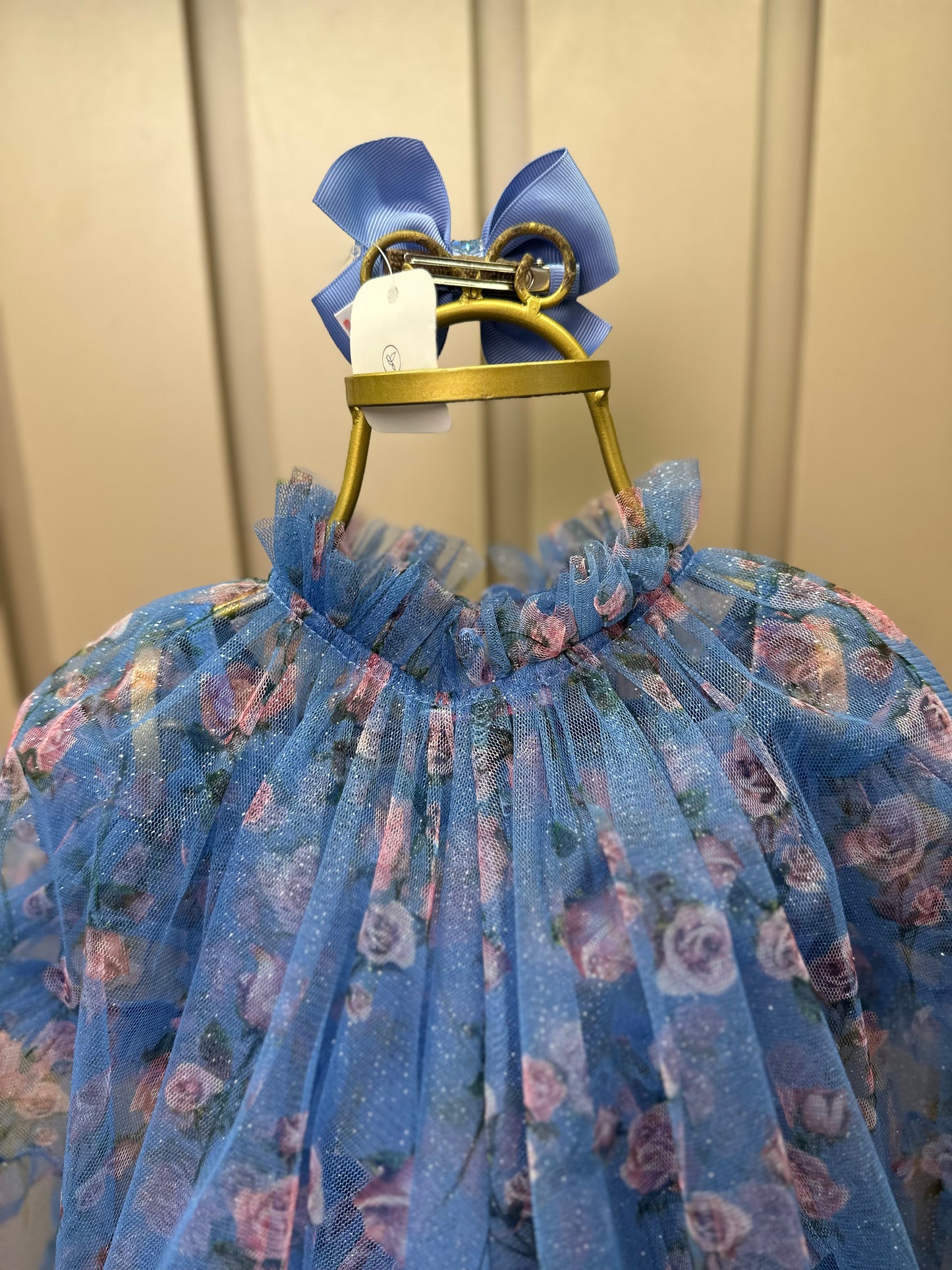 Vestido Infantil Midi Tule Floral Azul Babados - Luluzinha
