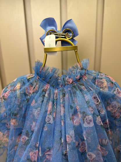 Vestido Infantil Midi Tule Floral Azul Babados - Luluzinha
