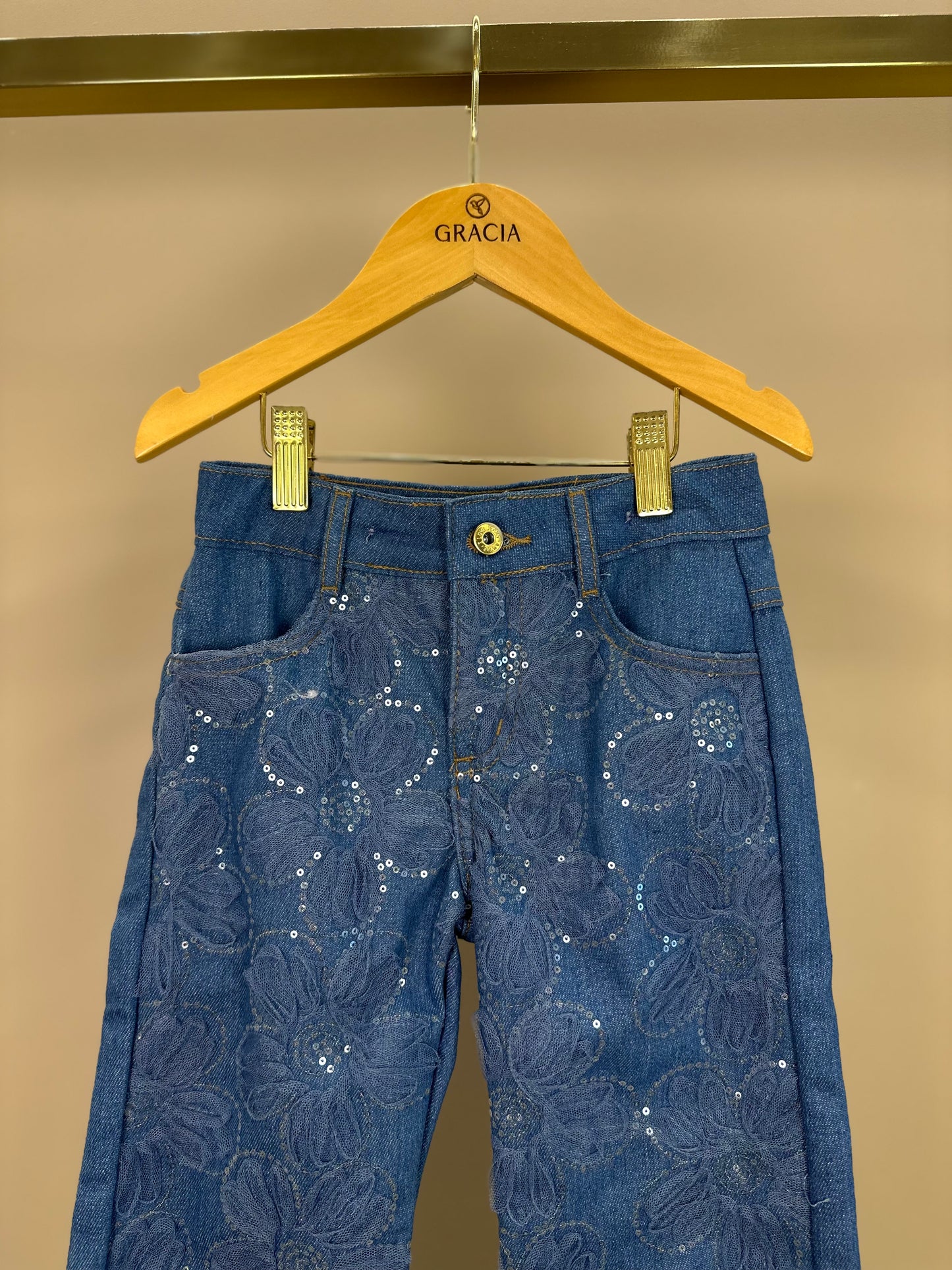 Calça Infantil Jeans Bordada Tule Flores - Animê