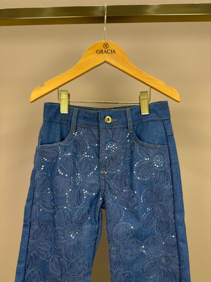 Calça Infantil Jeans Bordada Tule Flores - Animê
