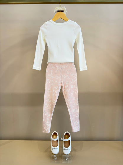 Conjunto Infantil Blusa Off White Cavalinho Cristal E Legging Tricot Floral Rosa - Pituchinhus