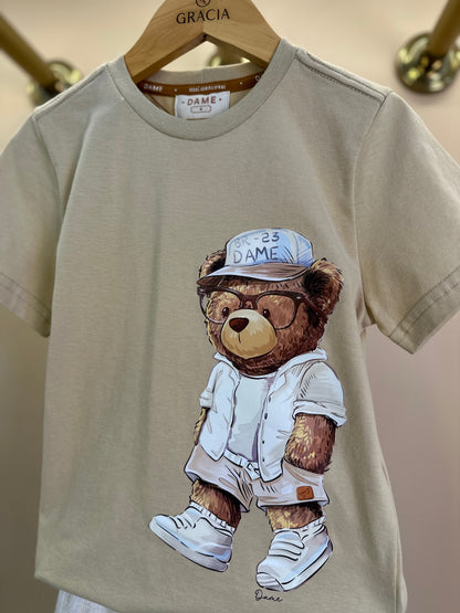 Conjunto Infantil Camiseta Algodão Teddy Summer Bege e Bermuda Linho Elastano Bege - Dame