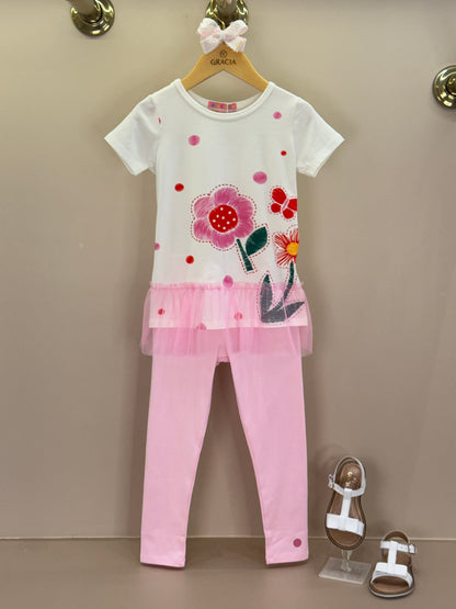 Conjunto Infantil Blusa Flor Tule e Legging - Mon Sucre