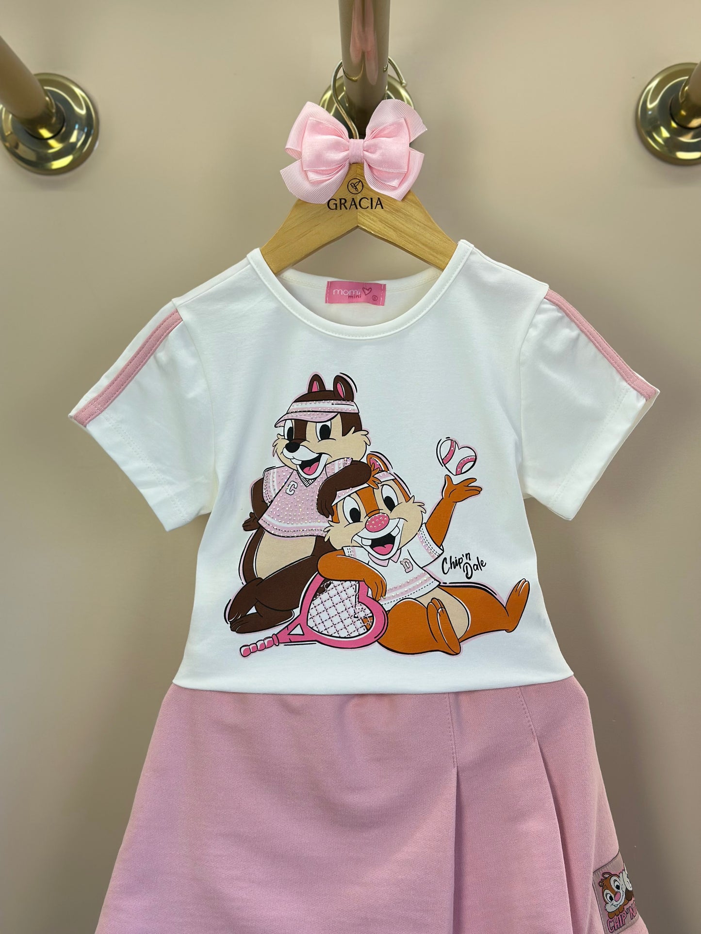 Conjunto Infantil Blusa Chip`N Dale Pérola e Shorts-saia Rosa Quartz - Momi Mini