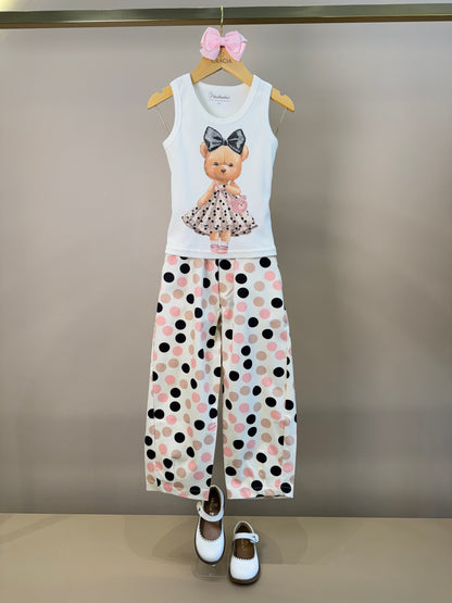 Conjunto Infantil Regata Ursinha Vestido de Poá e Calça Infantil Baggy Sarja Estampa Poá Bolsos Com Laços - Pituchinhus