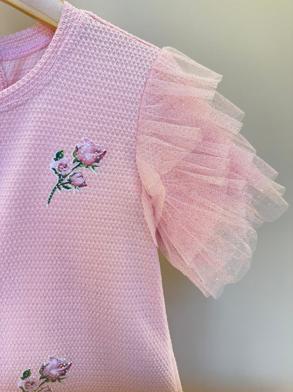 Vestido infantil Linha Malha Patch Flor Strass com Manga Babado Tule Glitter - Luluzinha