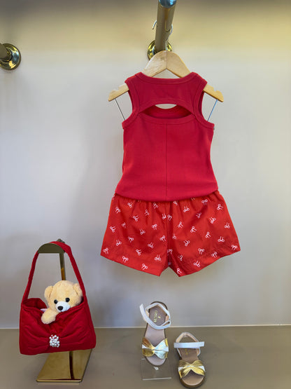 Conjunto Infantil Regata Strass Bordados e Short Lacinhos - Pituchinhus
