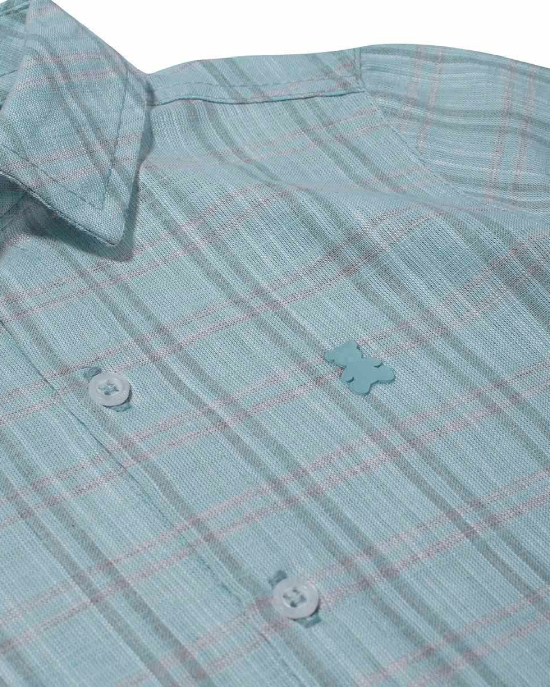 Conjunto Bebê Camisa-Body Algodão Xadrez ML Azul e Calça Sarja com Elastano Bege - Dame