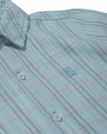 Conjunto Bebê Camisa-Body Algodão Xadrez ML Azul e Calça Sarja com Elastano Bege - Dame