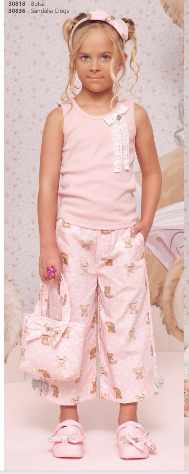 Conjunto Infantil Regata Com Laço de Renda e Calça Pantacourt Algodão Estampa Ursinhos - Pituchinhus